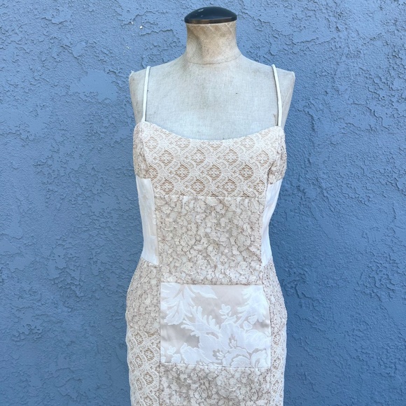 90s Cream Lace Dress Romantic Patchwork bodycon size Large - Picture 2 of 8